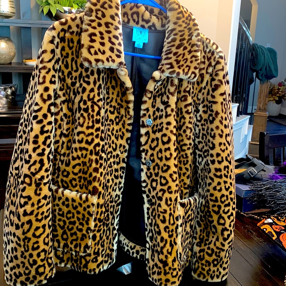 Cheetah faux fur shirt coat with pockets